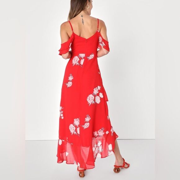 NWT Love in Bloom Red Floral Print Off-the-Shoulder High-Low Dress size small - Picture 4 of 13